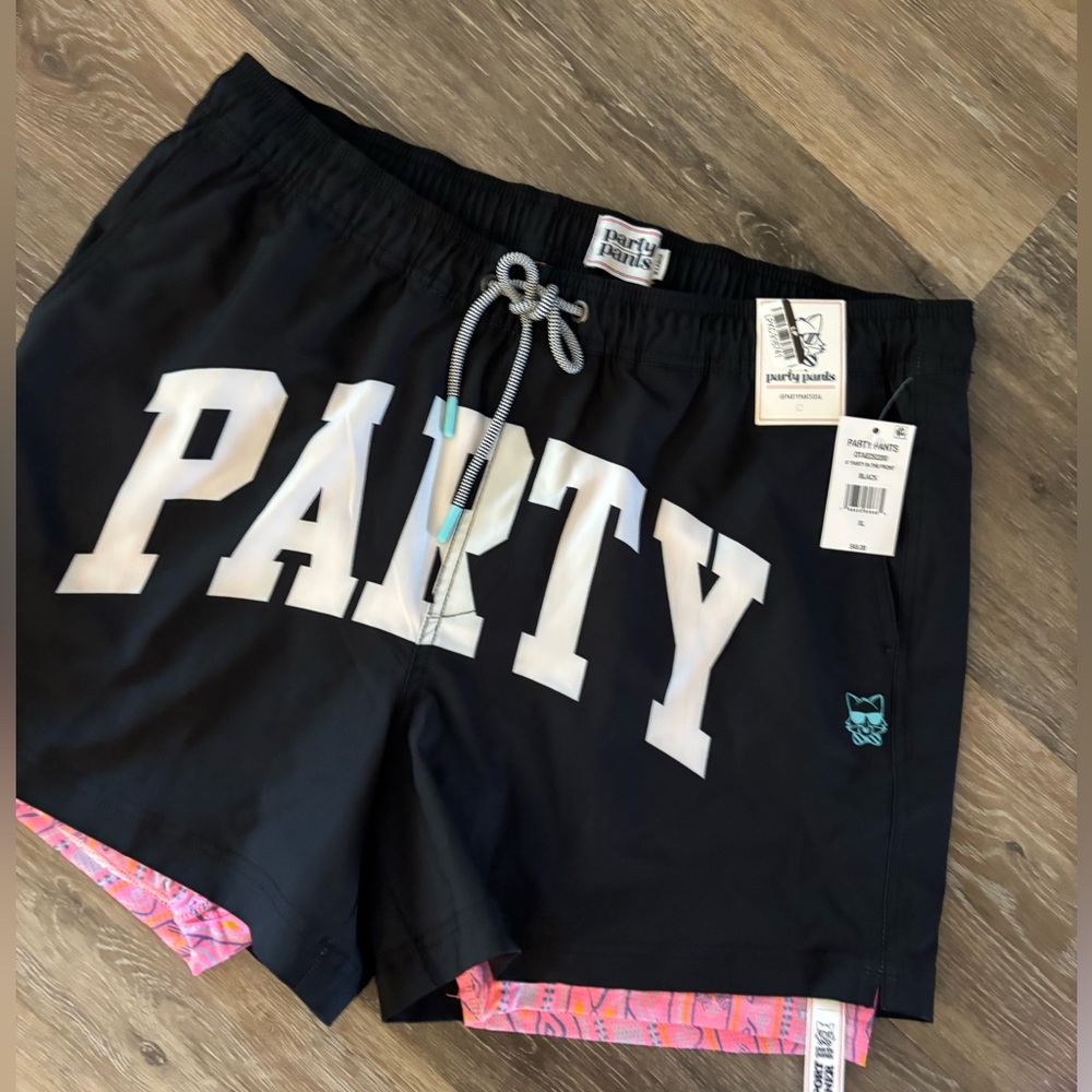 Party Pants Black 'PARTY' Graphic Swim Shorts/ Swim Trunks Sz M NWT
